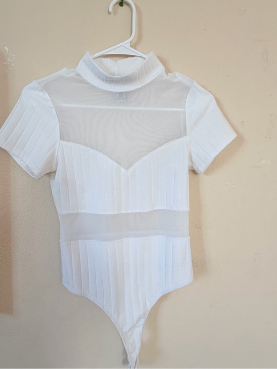 Fashion Nova Tops - Fashion Nova White Ribbed Mock Neck Sheer Panel Bodysuit